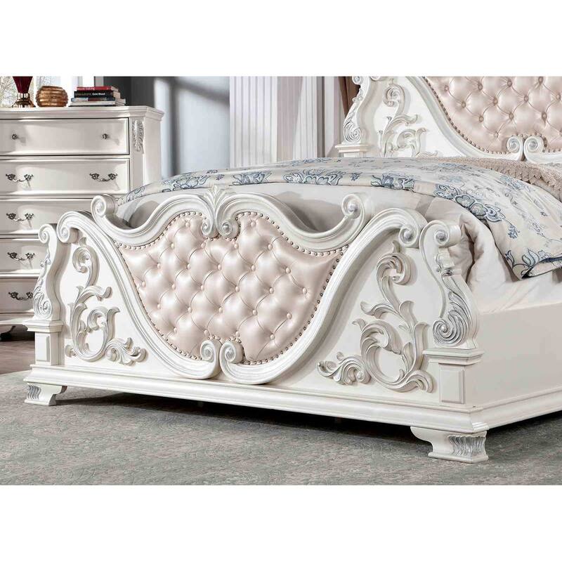 Luxury Pearl White Finish Bedroom Furniture 1Piece Button Tufted Bed