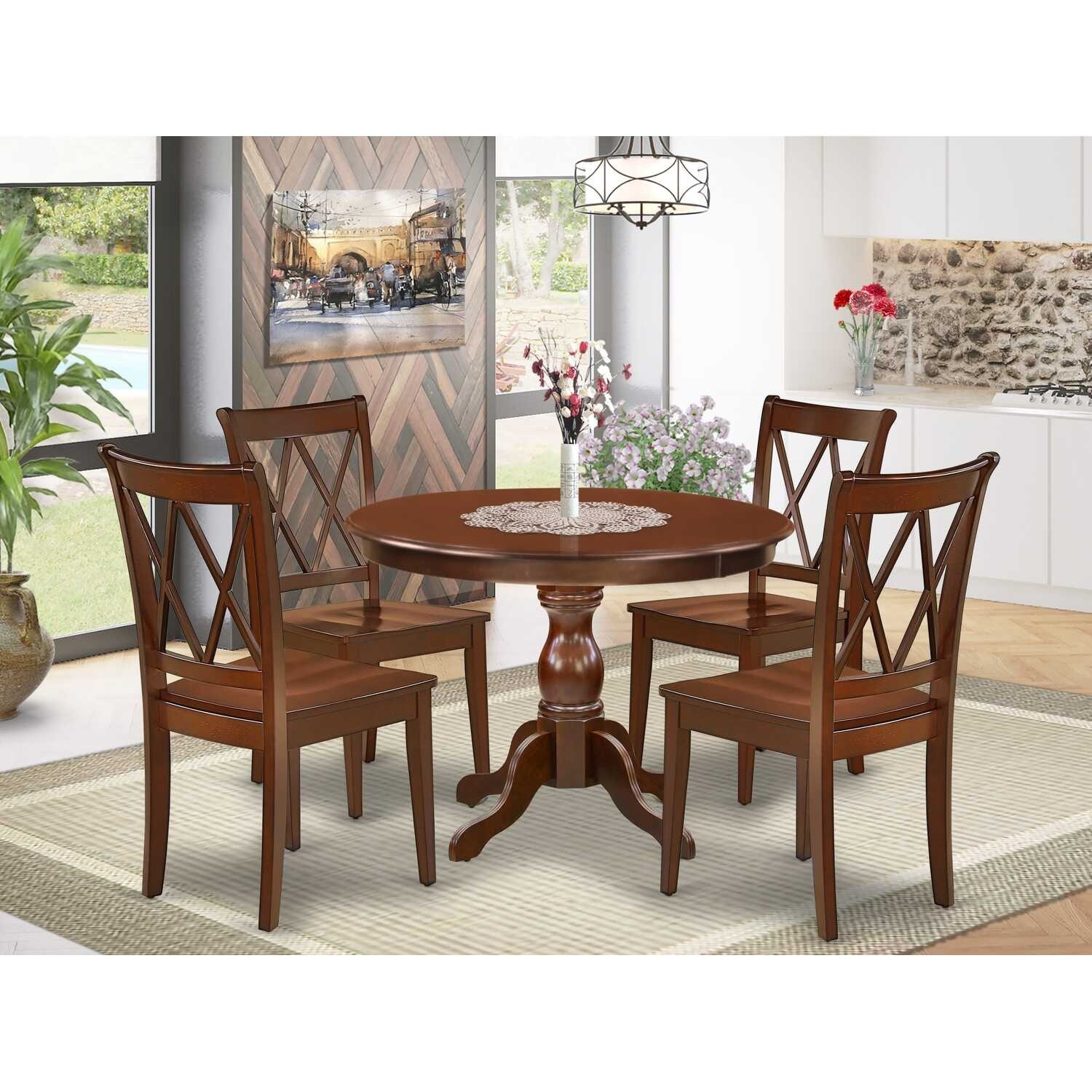 HomeStock 5-Piece Mahogany Finish Solid Wood Top Dining table with 4-Chairs