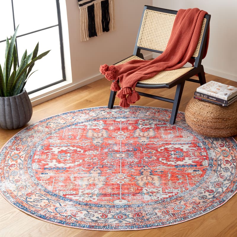 SAFAVIEH Arizona Pamfilica Vintage Machine Washable Rug - 6' Round - Rust/Aqua