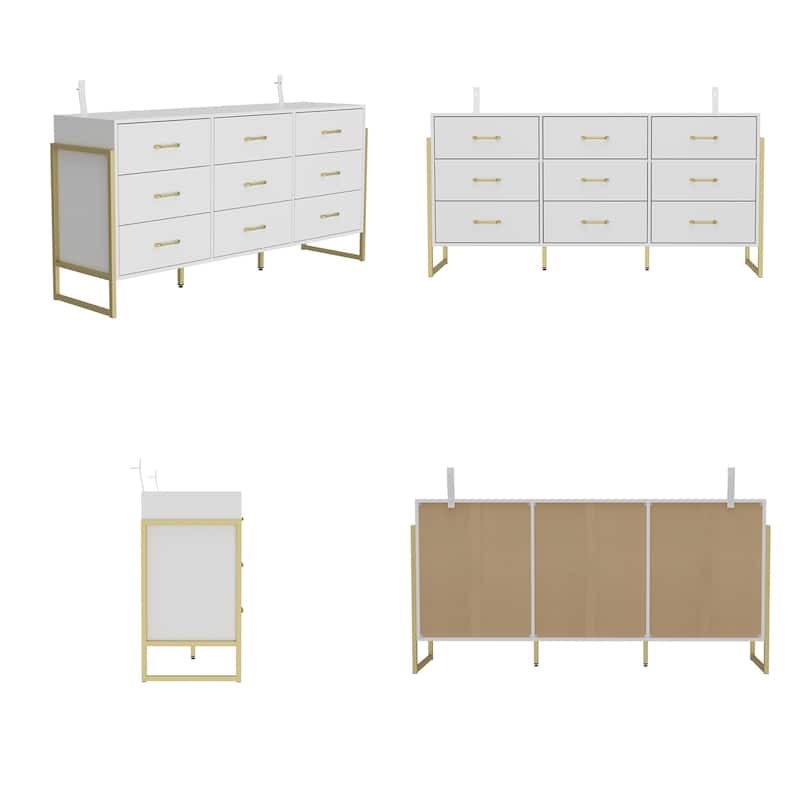 61.4” White 9-Drawer Dresser with Gold Metal Frame, Modern Storage Cabinet for Bedroom, Living Room or Entryway