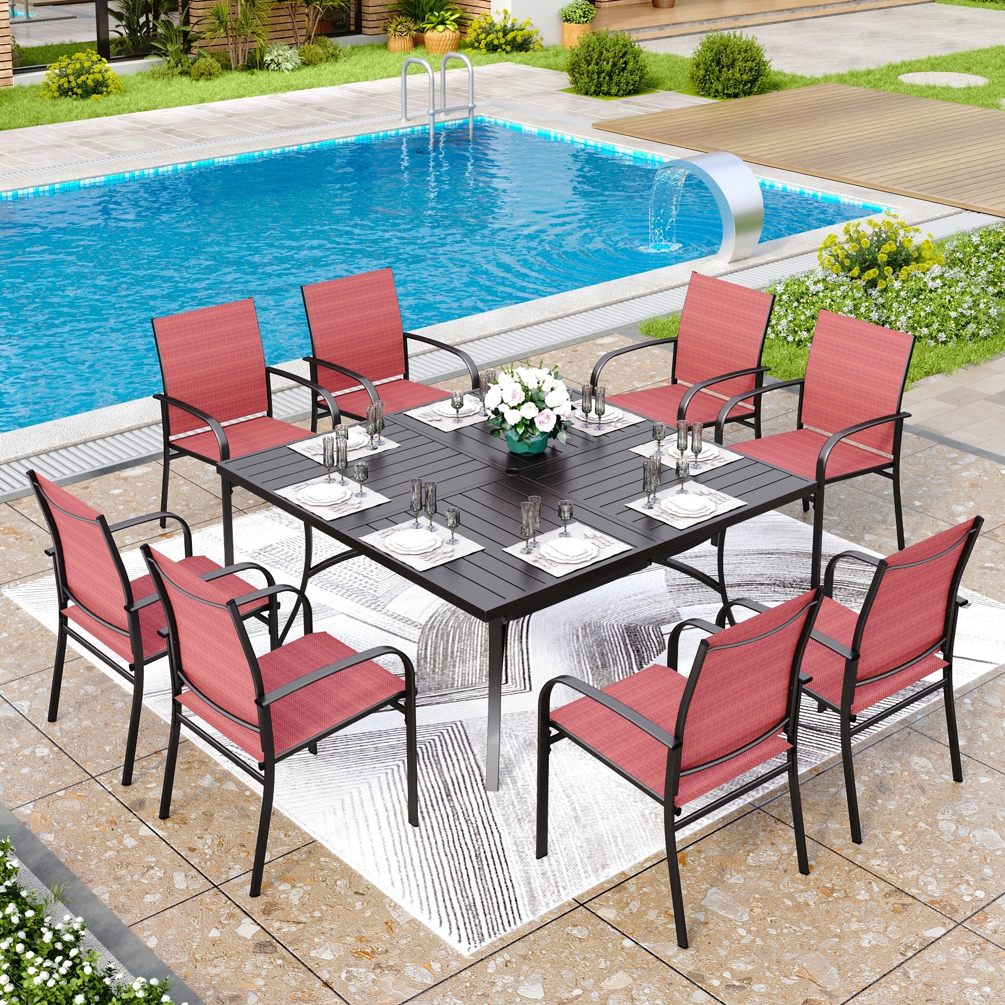 MAISON ARTS 9 Piece Patio Dining Set 60 Inch Square Metal Table and 8 Textilene Dining Chairs Bed Bath Beyond 37262215