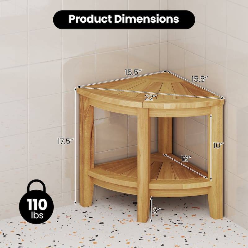 Gymax Corner Shower Stool Teak Wood Shower Bench w/ Storage Shelf