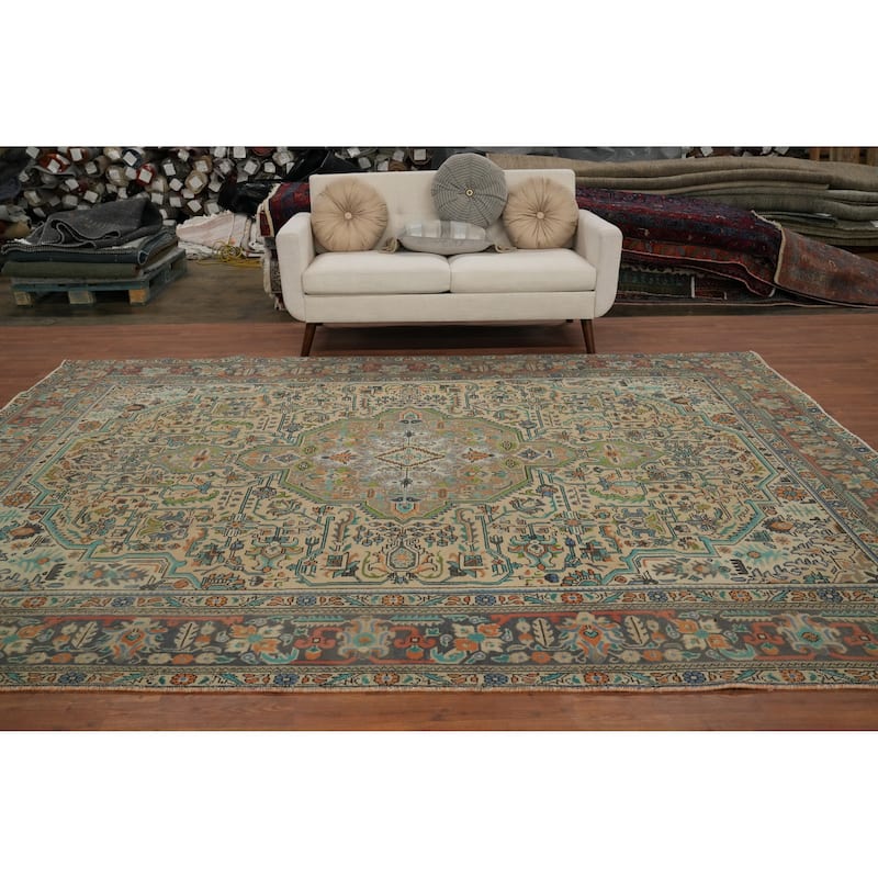Hand Knotted Oriental 100% Wool Carpet Traditional Floral Beige & Ivories Tabriz Area Rug - 11' 1'' X 8' 0''