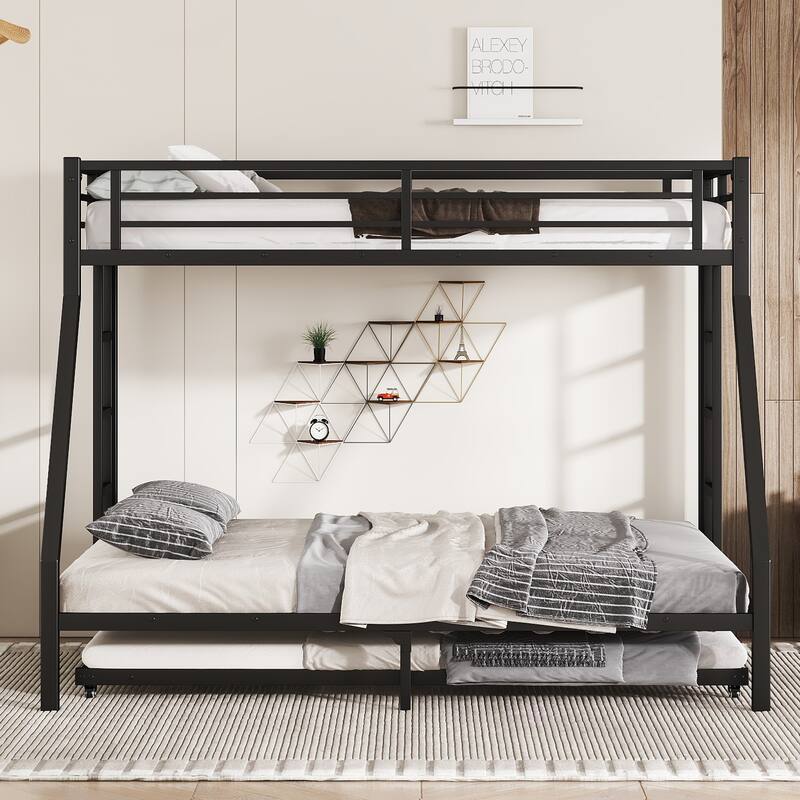 Metal Bunk Bed with Twin Size Trundle – Black Finish, Space-saving Design for Kids/Teens, Sturdy Frame, Easy Assembly