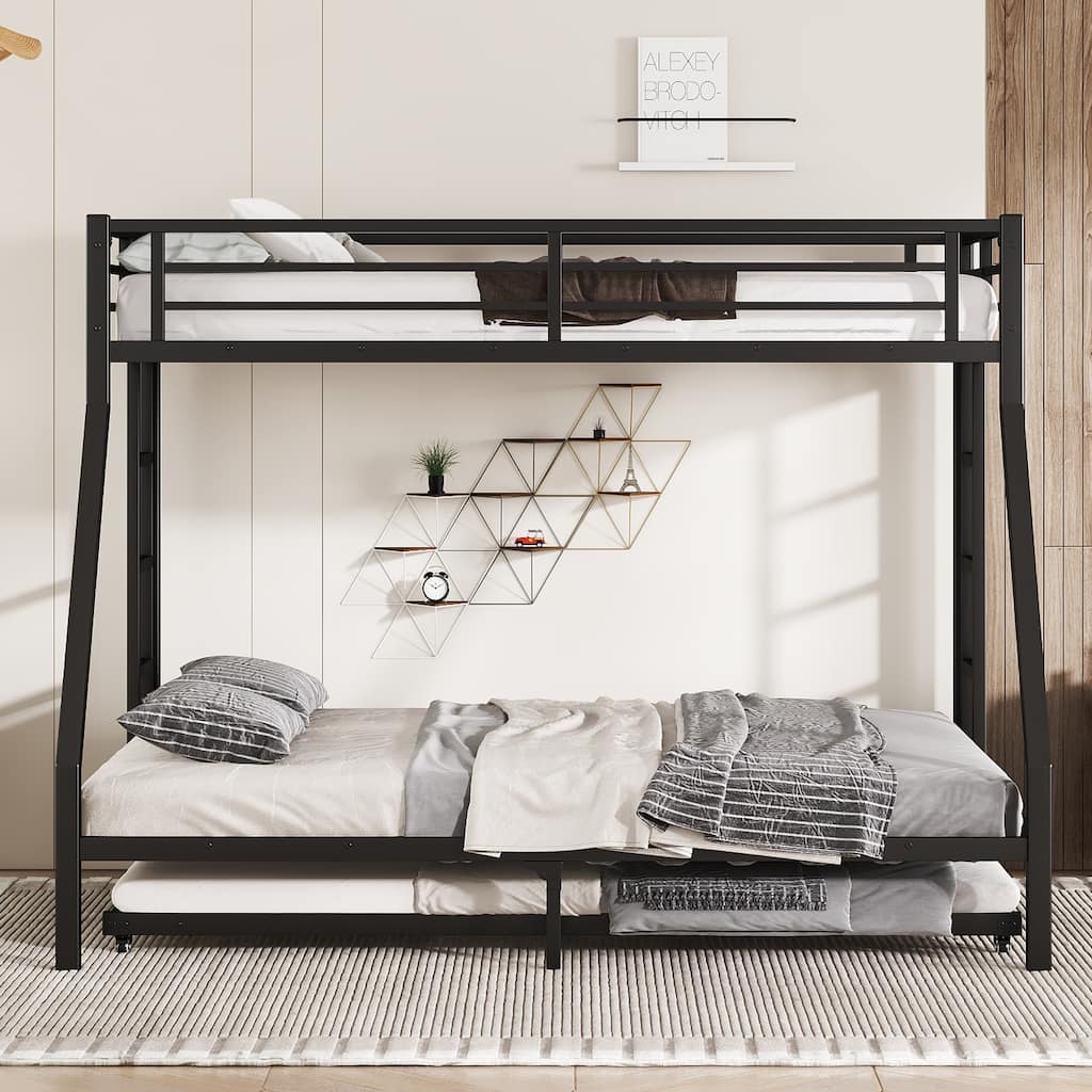Twin XL Over Queen Bunk Bed with Twin Trundle, Metal Bed Frame with Built-in Ladder, Full-Length Guardrails and Plastic Stoppers