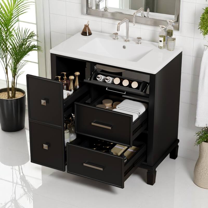 30" Bathroom Vanity with Sink, Freestanding Cabinet with Flip-Out Drawer & Double-Layer Storage, Solid Wood with Ceramic Basin