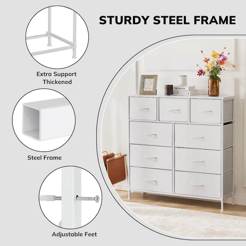 Dresser for Bedroom with 9 Drawers, Anti-Tip Tall Fabric Chests Storage Organizer Tower Furniture with Wooden Top Metal Frame