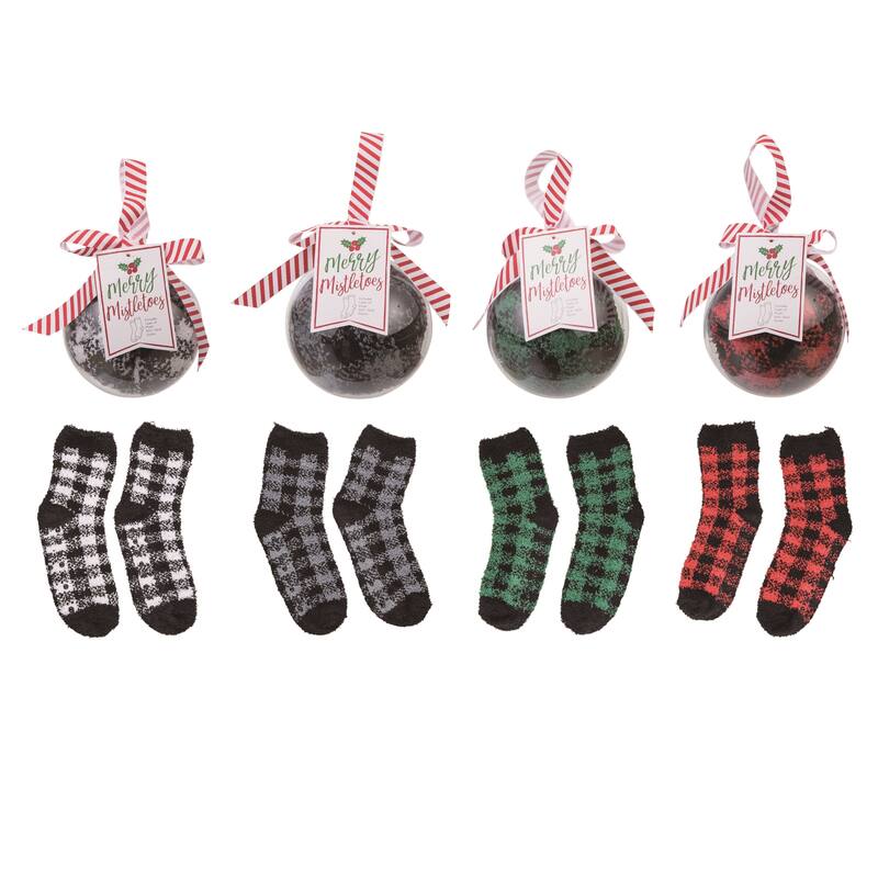 Transpac Non Slip Tartan Socks In Ball Ornament Set of 4 Christmas Home Decorations