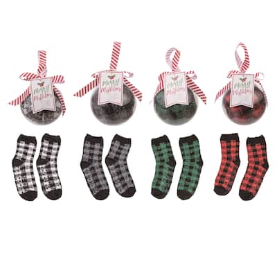Transpac Non Slip Tartan Socks In Ball Ornament Set of 4 Christmas Home Decorations