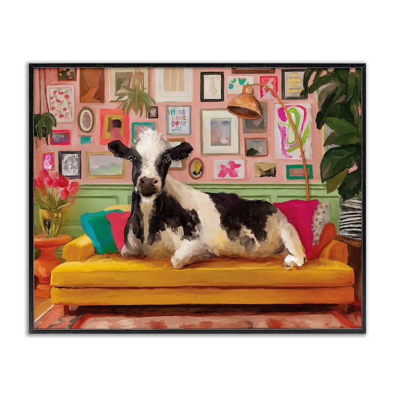 Stupell Cow in Whimsical Maximalist House Framed Giclee Art Design By Kamdon Kreations - 14 x 11 - Black