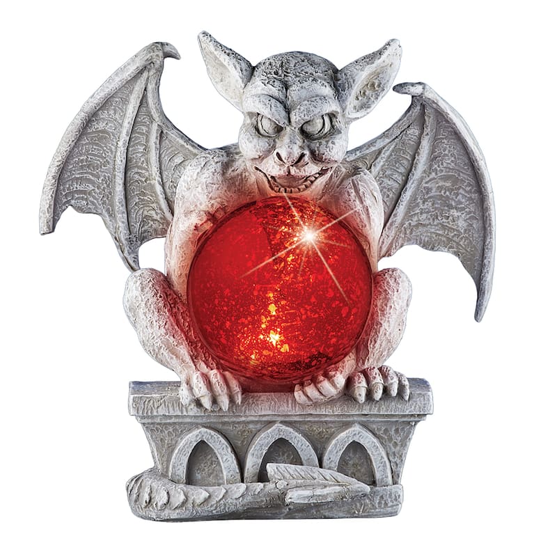 Hand-Painted Stone Detailed Gargoyle with Solar Powered Gazing Ball - 9.87 x 10.5 x 7.37