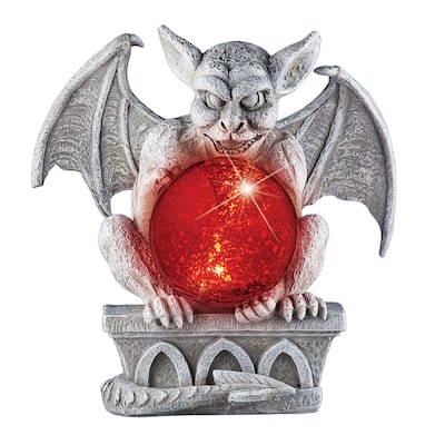 Hand-Painted Stone Detailed Gargoyle with Solar Powered Gazing Ball - 9.87 x 10.5 x 7.37