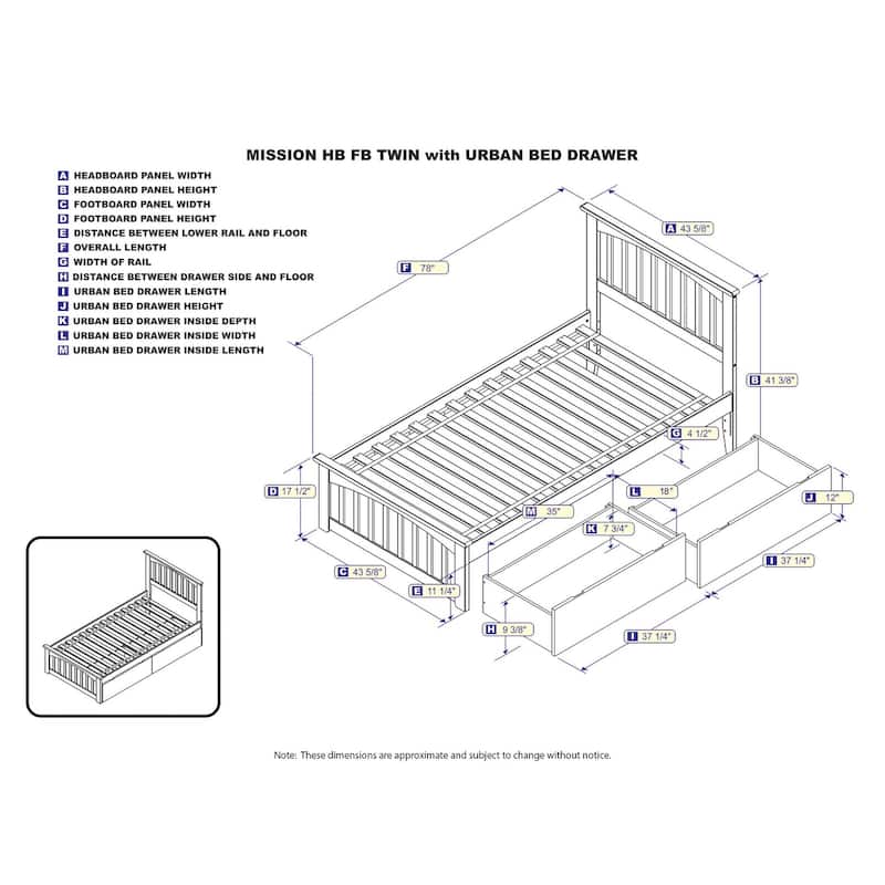 Mission Twin Platform Bed with Matching Footboard with 2 Drawers in White