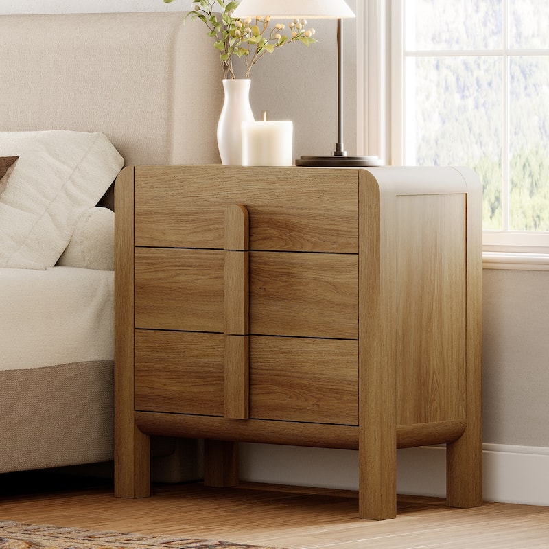 WAMPAT Modern Wood Nightstand With 3 Drawers ,31.5" Large Mid-Century End Table,Curved Bedside Table Storage Cabinet For Bedroom