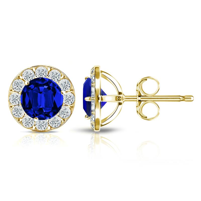 Auriya 14k Gold Lab Grown Gemstone Blue Sapphire Stud Earrings Round 0.25 to 5.00 ct. tw. Halo Push-Back - 2.00ct tgw. - Yellow