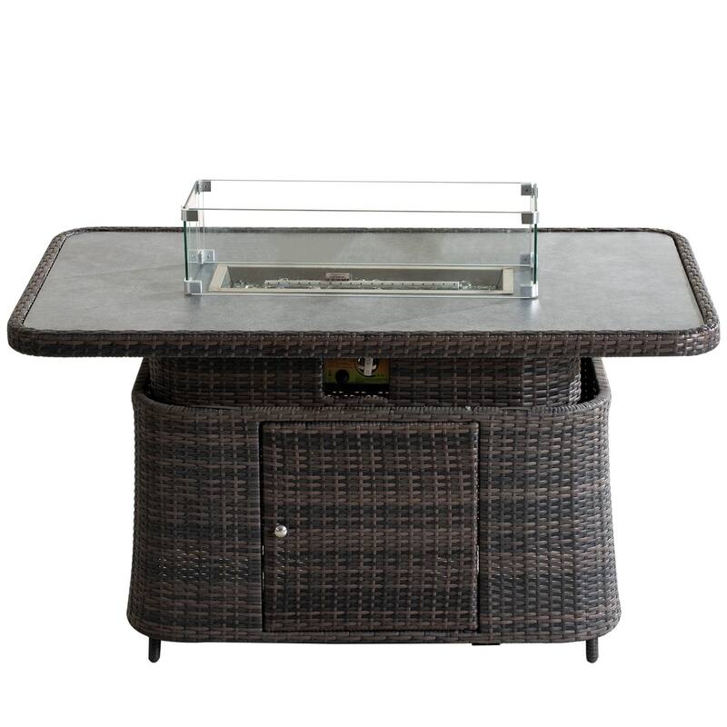 7-Piece Outdoor Patio Furniture Set with Adjustable Propane Fire Pit Table, Wicker Sofa and Tempered Glass Side Tables