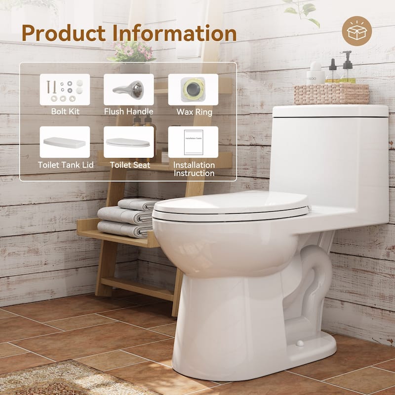HOROW 1 Piece Single Flush Elongated ADA Height Toilet White 1000g Flush Seat Included - N/A
