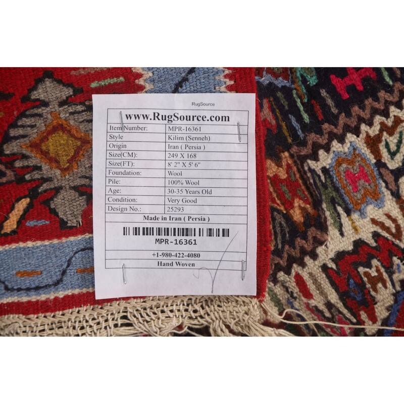 Geometric Kilim Senneh Persian Vintage Area Rug Flatweave Wool Carpet - 5'6" x 8'2"