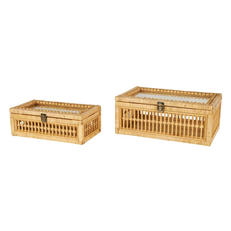 Brown Rattan Handmade Woven Storage Decorative Box with Glass Top and Bronze Latches (Set of 2) - 10"W x 15"L x 6"H