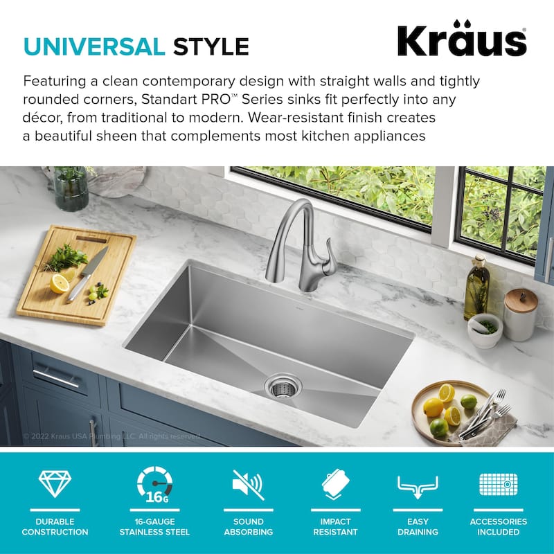 KRAUS Standart PRO Undermount Single Bowl Stainless Steel Kitchen Sink