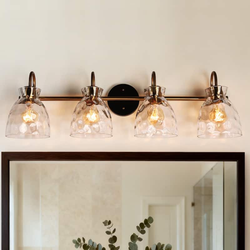 Elisie Modern Glam 4-light Bathroom Vanity Light Transitional Black Gold Sconce with Water Glass - L 31.5" x W 7.5" x H 9"