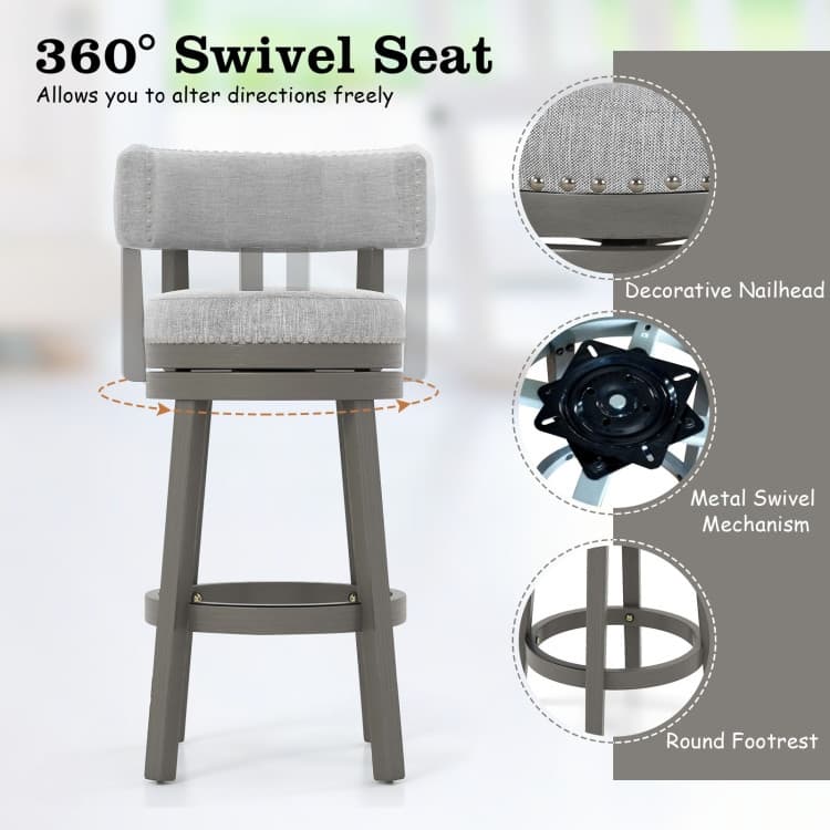 Swivel Bar Stool with Upholstered Back Seat Footrest and Wood Legs