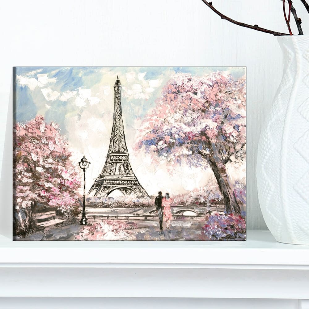 Designart Eiffel with Pink Flowers Landscape Canvas Art Print