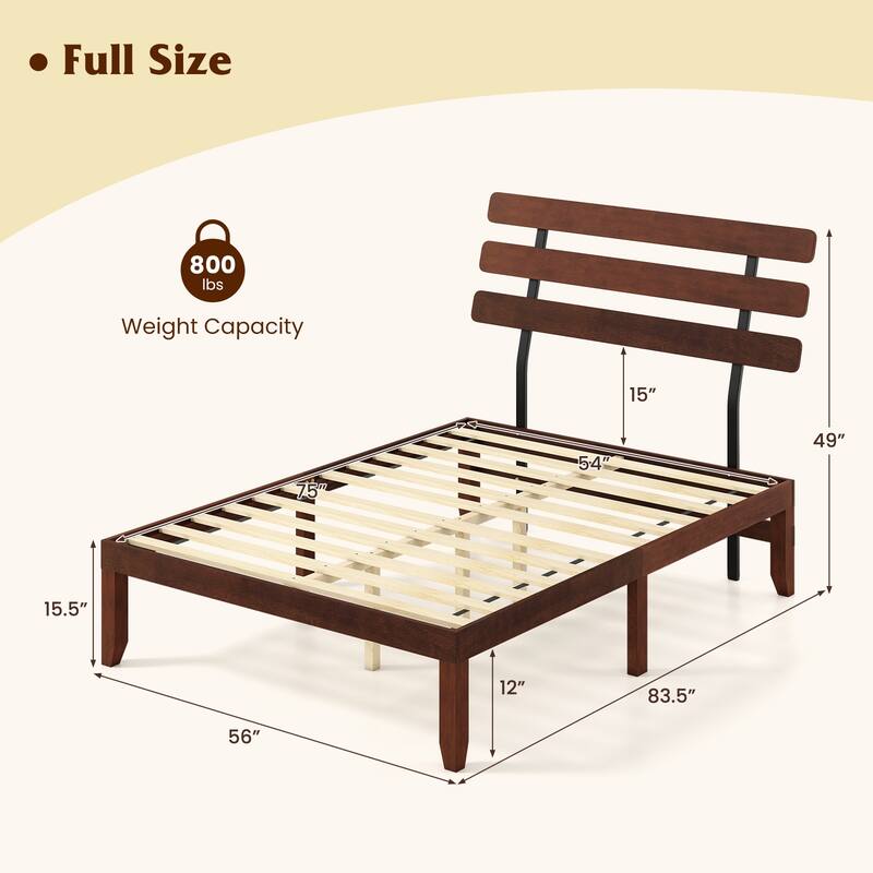 Walnut Solid Rubber Wood Platform Bed with Retro Headboard and Slatted Mattress Base - Multi