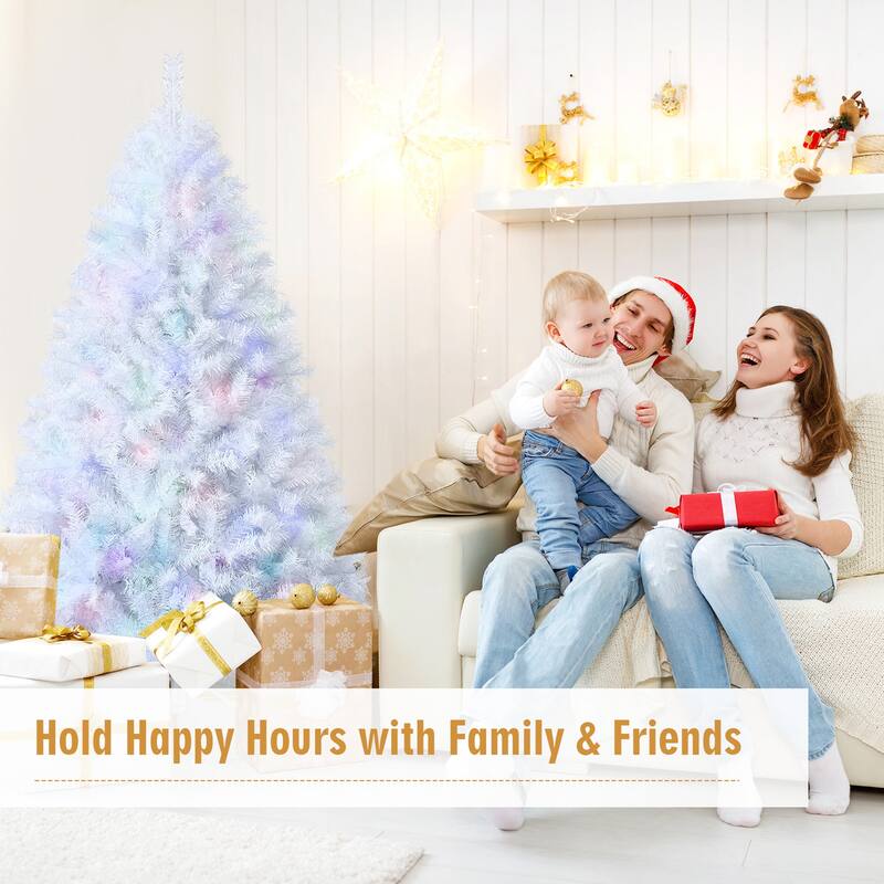 Gymax 6/7/8 FT White Artificial Christmas Tree Hinged Unlit Iridescent