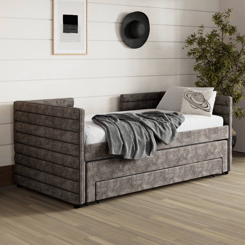 Twin Size Upholstered Daybed with Trundle and 3 Storage Drawers, Fabric Sofa Bed for Guest Room, Living Room - Grey
