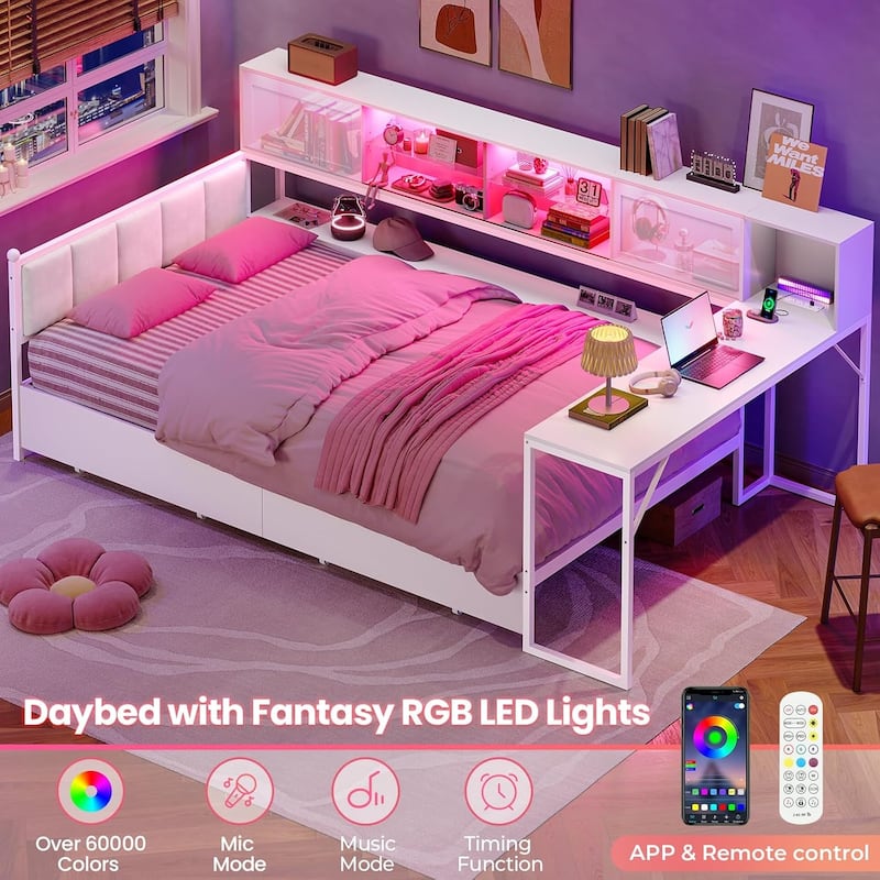 Loft Bed L Shaped Desk Daybed Power Outlet LED Light Drawers Shelves