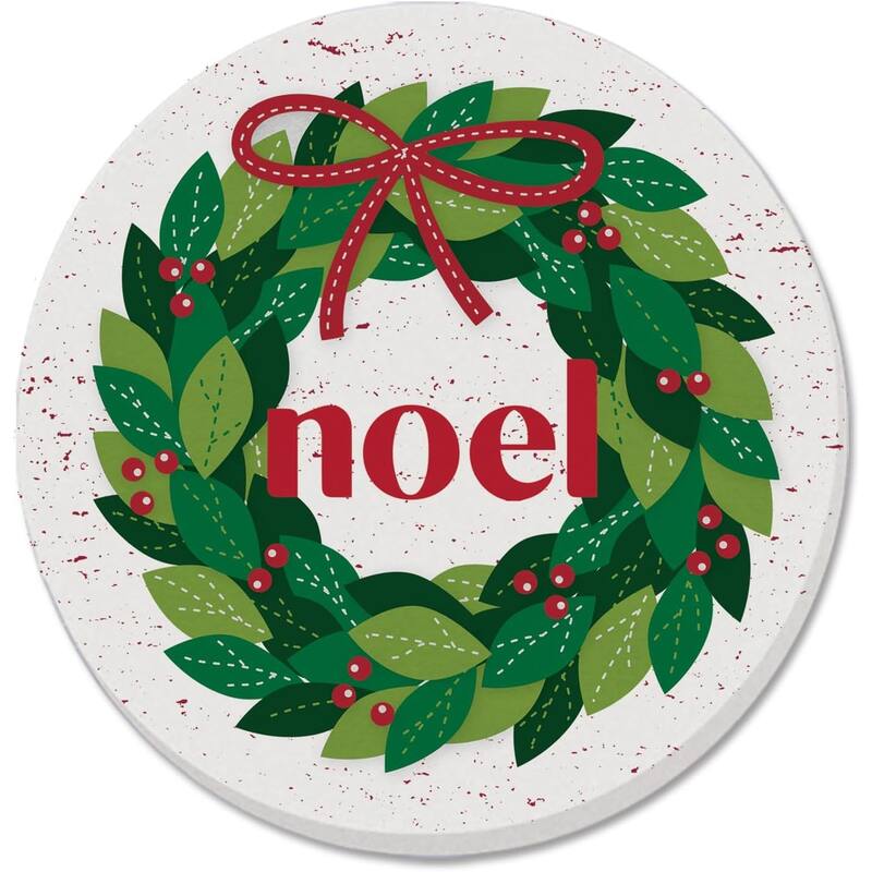 Stitched Noel Wreath 4 Pack Absorbent Stone Coaster with Protective Cork Backing Made in The USA 4" Round, Wipes Clean - Multi