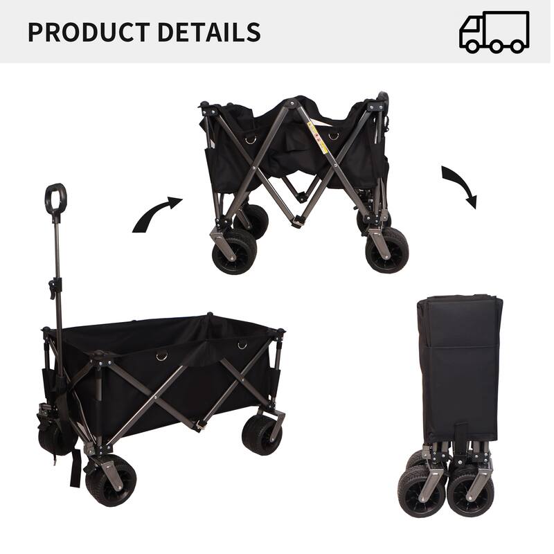 Folding Wagon, Heavy Duty Beach Cart for Sand with Big Wheels, Adjustable Handle&Drink Holders for Shopping, Camping and Outdoor