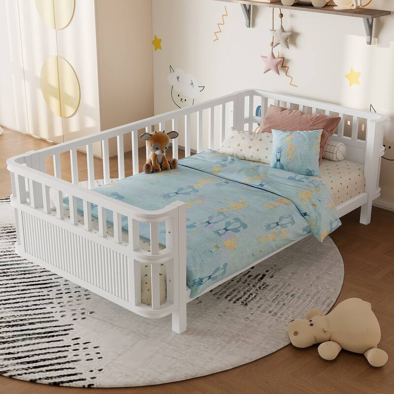 Children's double wooden platform bed with railings, a low iron double bed with railings, suitable for girls and boys (Twin)