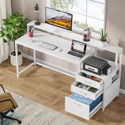 63" Computer Desk with Monitor Stand, Ergonomic Home Office Desks with Drawers File Cabinet