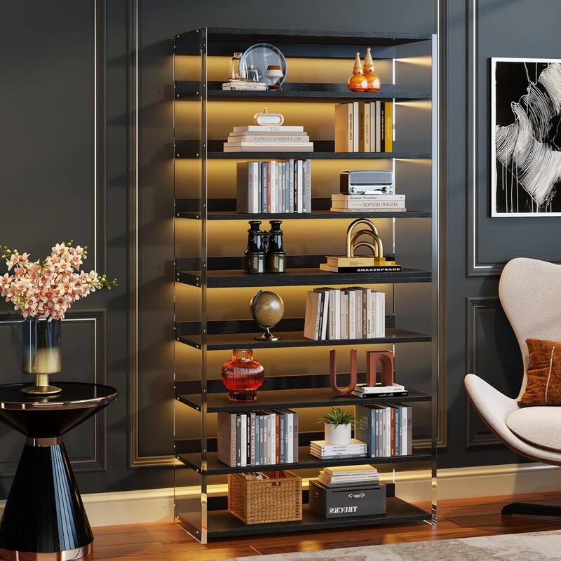 63" 8-Tier Acrylic Bookshelf, Modern Bookcase with Wood Shelves, Display Storage Rack for Living Room, Bedroom & Home Office - Black