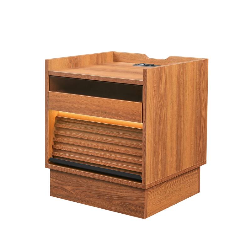 Mid-Century Modern 2-Drawer Nightstand with Charging Station & LED Lights - Bedside/End Table (Yellow)