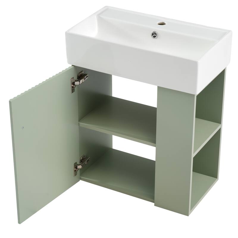 Floating Bathroom Vanity with Sink, Wall Mounted Bathroom Vanity, Narrow Bathroom Cabinet with Soft-Close Door & Open Shelf