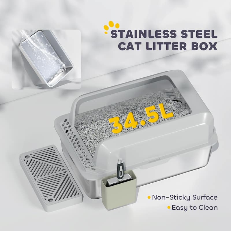 PawHut XL Stainless Steel Litter Box, Metal Litter Box High Sided, Anti-Urine Leakage, Non-Sticky, Light Gray