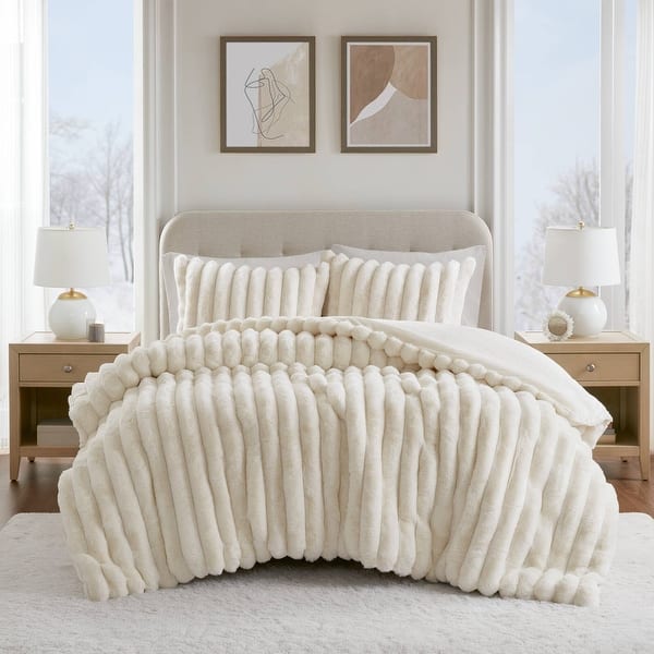 Madison Park Jasmine Ultrasoft Faux Fur Ribbed Comforter Set - Ivory - King