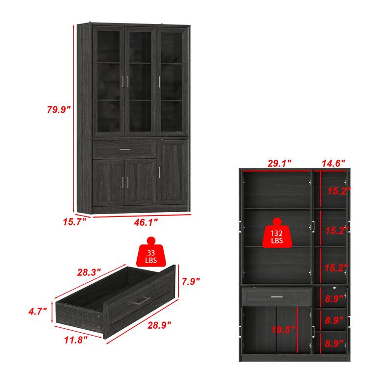 Modular Glass Door Bookcase Wall Unit with Storage Cabinets and Drawers, Dark Oak Display Hutch for Living Room or Home Office