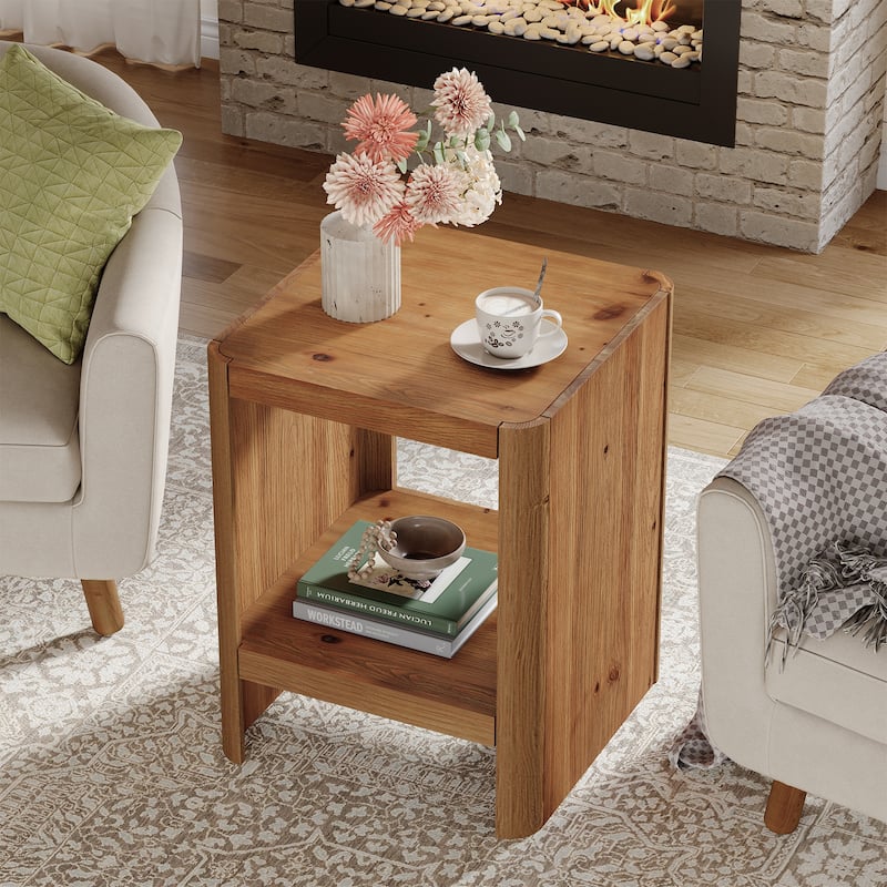 Solid Wood End Table, Side Table with Open Storage Shelf, Living Room Bedroom Accent Nightstand