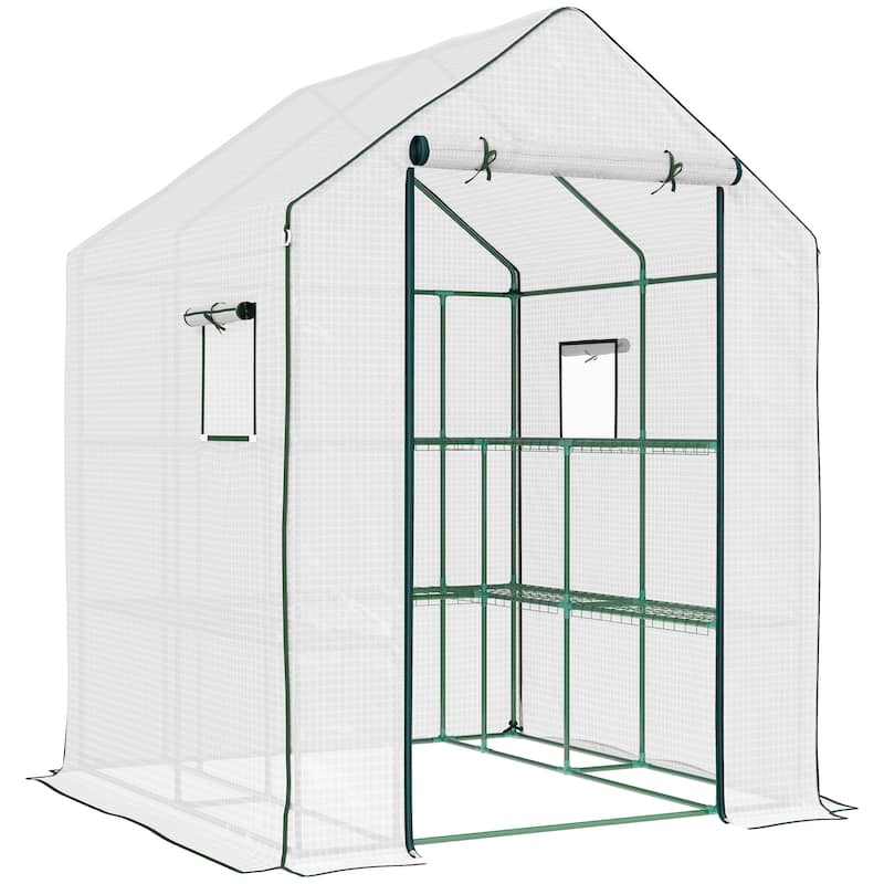 4.6' x 4.7' Portable Walk-In Greenhouse with 2-Tier Shelves, Roll-Up Door & Windows, Water/UV Resistant - White