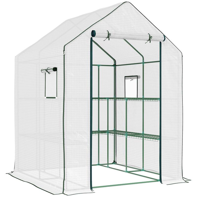 Portable Greenhouse, Water/UV Resistant Walk-In Small Outdoor Greenhouse with 2 Tier U-Shaped Flower Rack Shelves - Steel