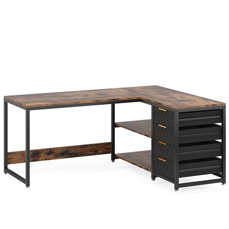59"L-Shaped Computer Desk with Drawers and Shelves, Reversible Corner Office Desk Workstation, Writing Table with File Cabinets