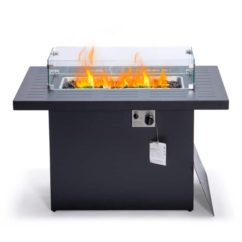 LeisureMod Chelsea 44" Modern 55000 BTU Propane Patio Fire Pit Table with Wind Guard for Porch Backyard Garden Decor