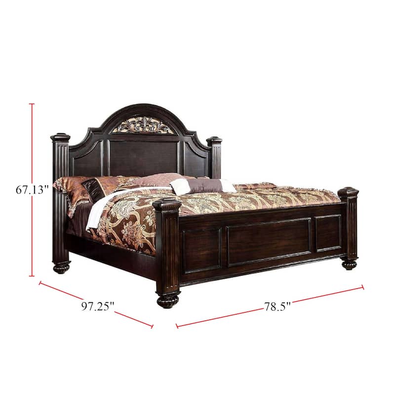 Wooden Bed With Floral Design in Headboard, Dark Walnut