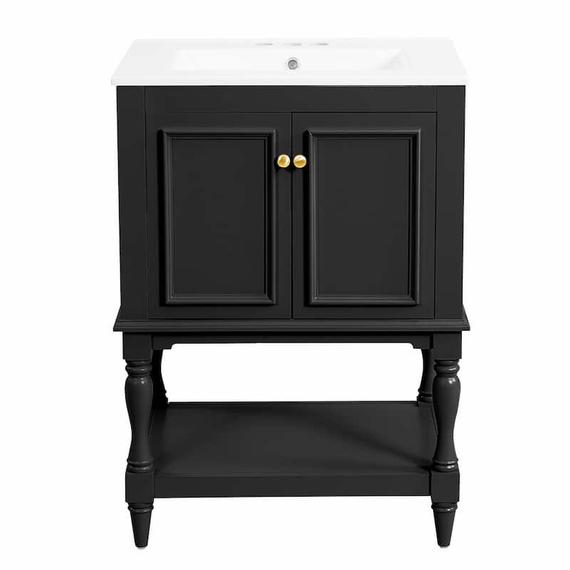 24" Modern Luxury Bathroom Vanity with Ceramic Sink, Freestanding Cabinet with Open Shelf and Enclosed Storage