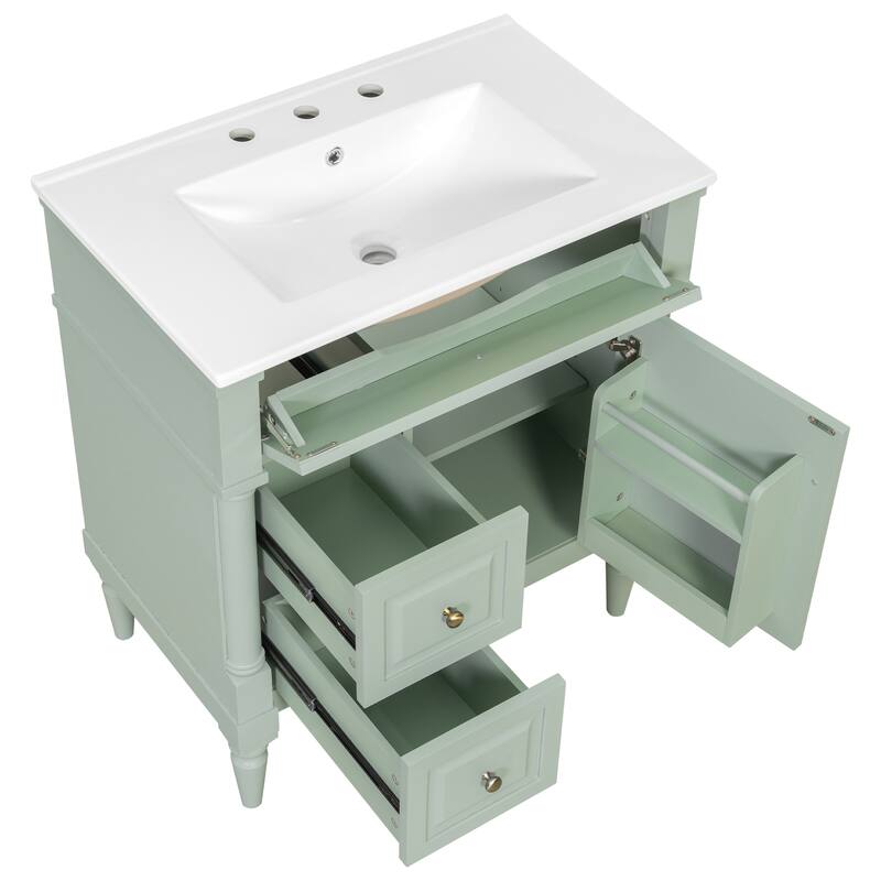 Roomfitters 30" Bathroom Vanity with Sink, Solid Wood Frame, Flip Drawer, 2 Drawers & Door Rack