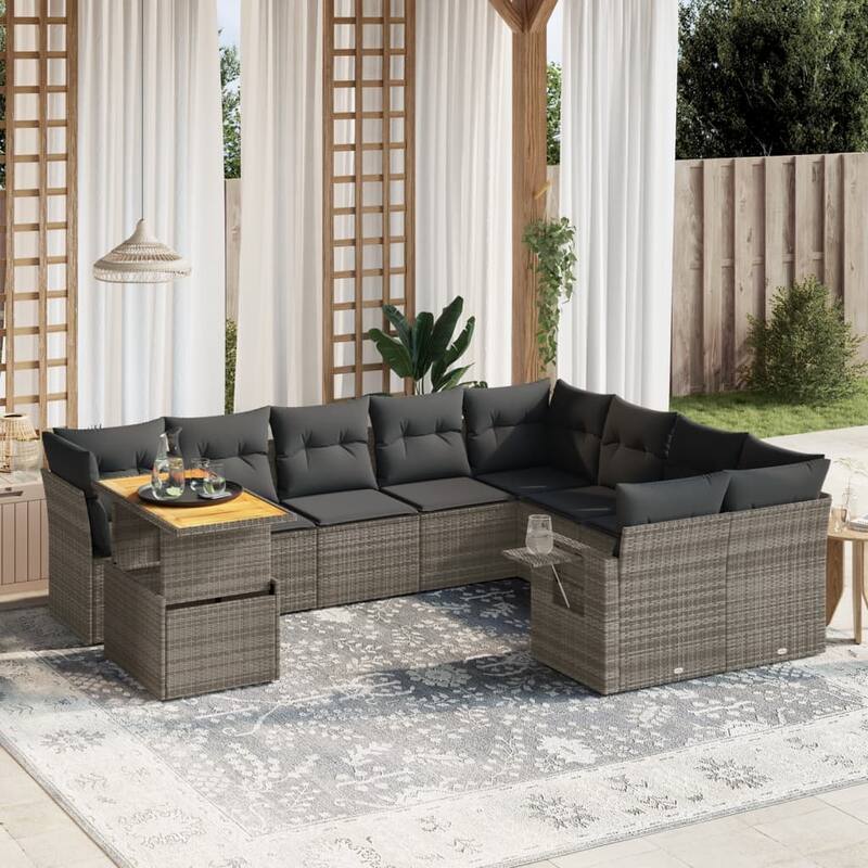 vidaXL Patio Sofa Set with Cushions Table and Sofa Sections 10 Piece Poly Rattan - 21.7 x 39.4 x 28.7 - Grey  - form3